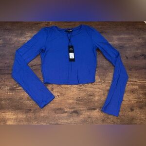 Fashion Nova  Royal Blue Ribbed Cropped Long Sleeve Top